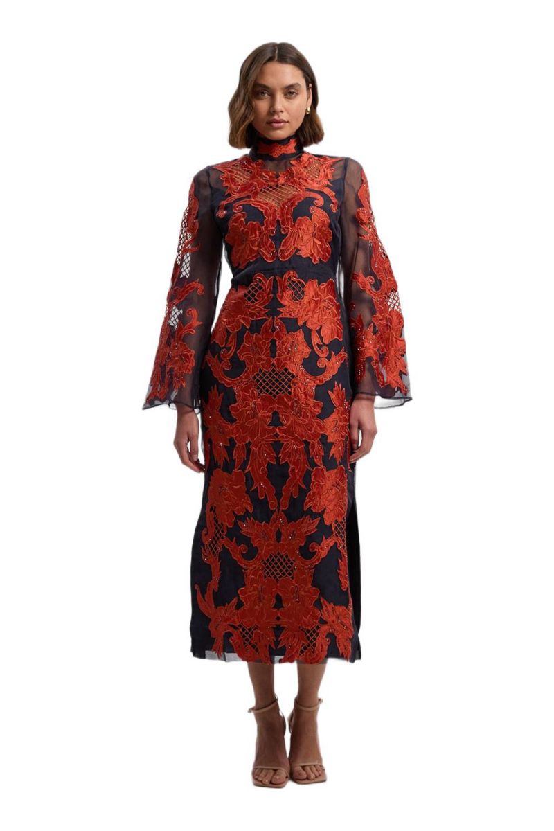 Women's High Neck Embroidered Midi Dress