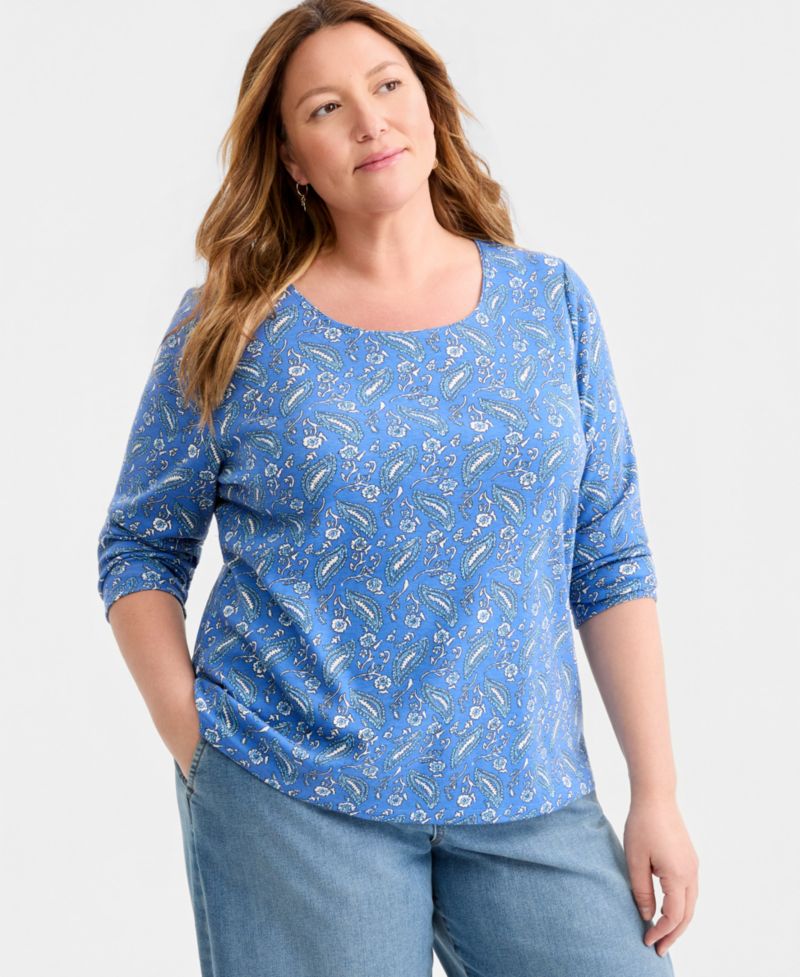 Plus Size Printed Long-Sleeve Scoop-Neck Top