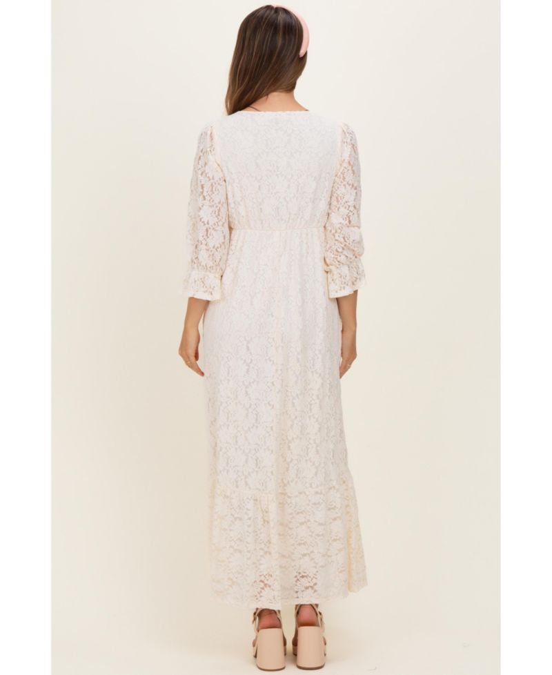 Women's Ivory Floral Lace 3/4 Ruffle Sleeve V-Neck Maxi Dress