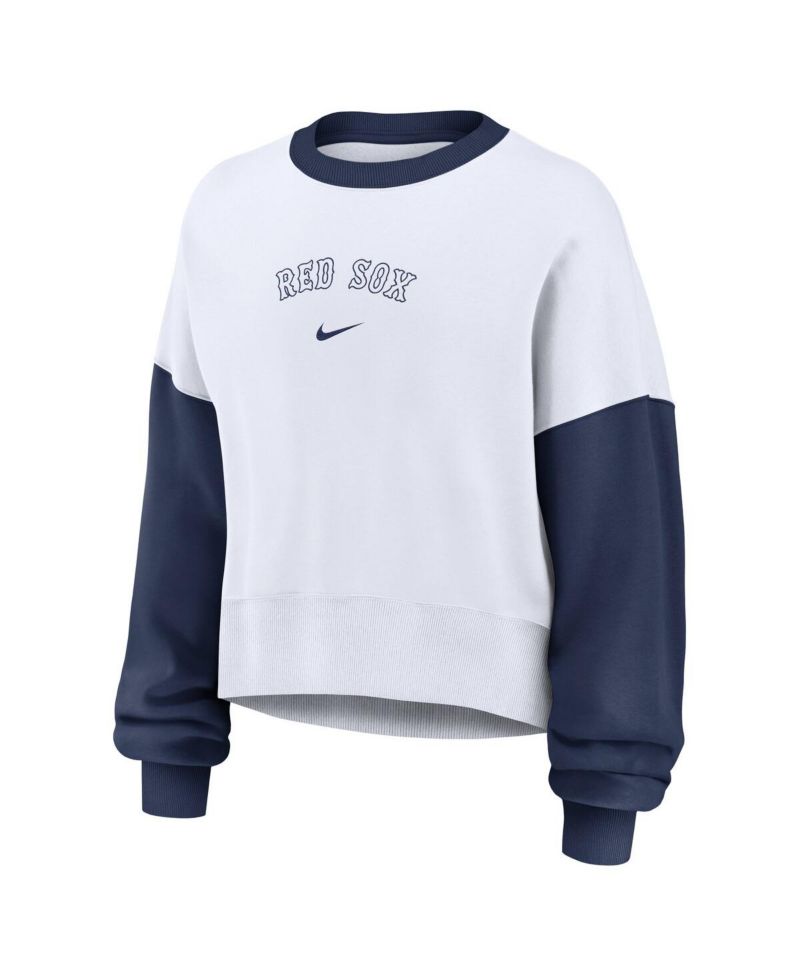 Women's White/Navy Boston Red Sox Oversized High Hip Fleece Sweatshirt