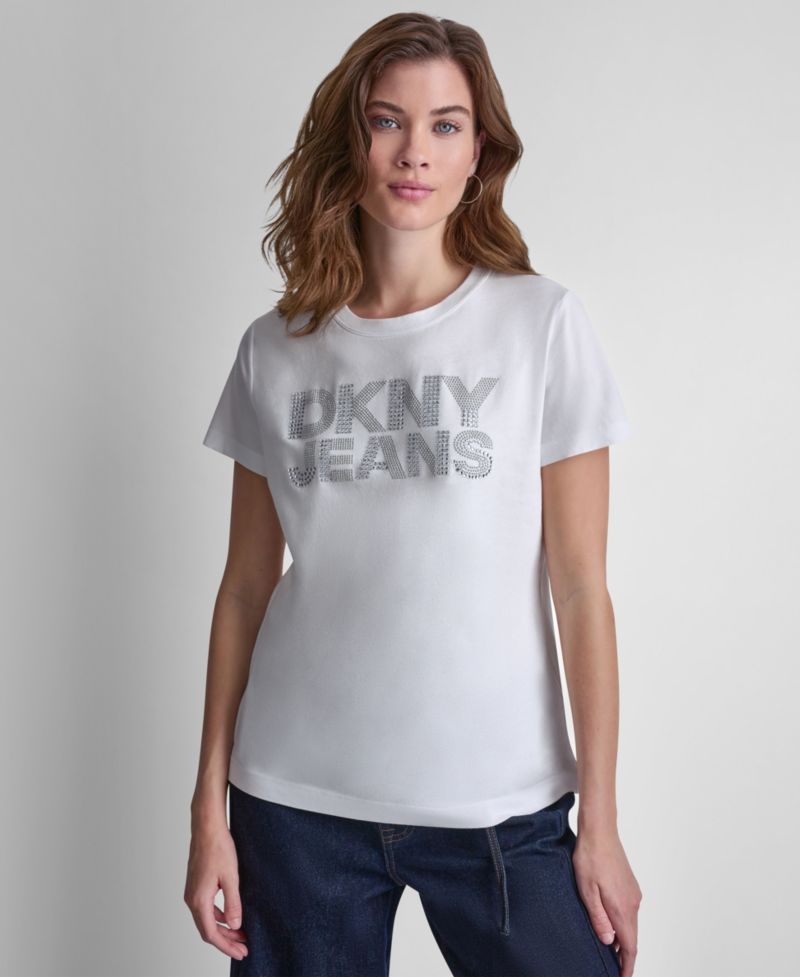Women's Stacked Rhinestone Dome Stud Logo Crewneck T-Shirt