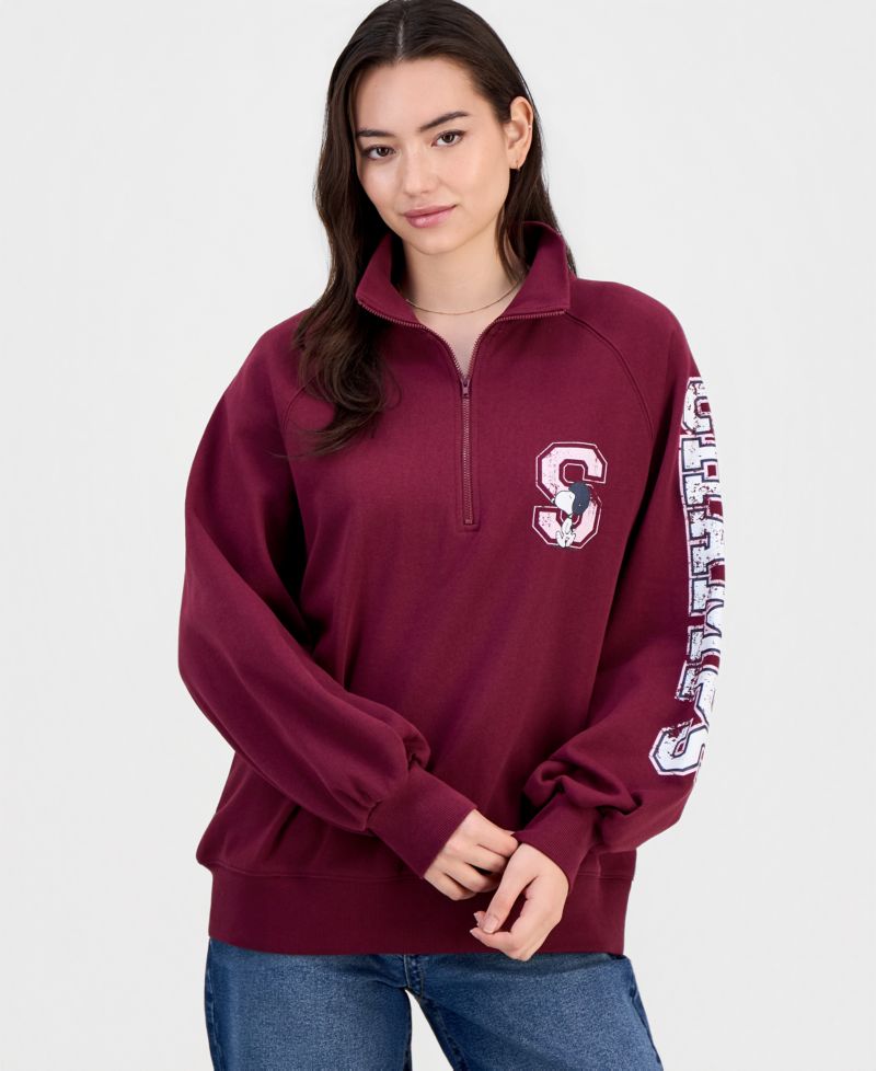Juniors' Snoopy Quarter-Zip Fleece Sweatshirt