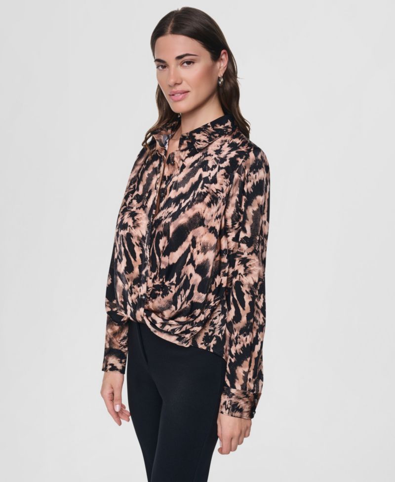 Women's Printed Twist-Front Long-Sleeve Shirt