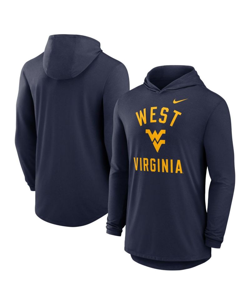 Men's Navy West Virginia Mountaineers Classic Arch Tri-Blend Performance Long Sleeve Hoodie T-Shirt