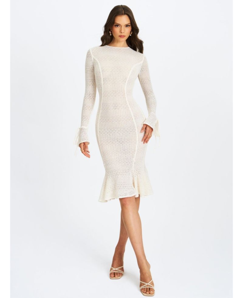 Women's Pamina Beige Crochet Long Sleeve Flare Mermaid Dress