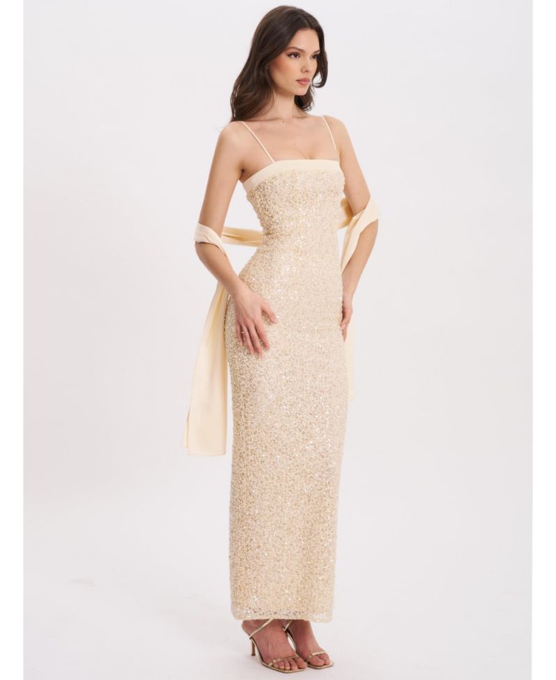 Women's Raizel Gold Beaded Sequin Bodycon Gown with Scarf
