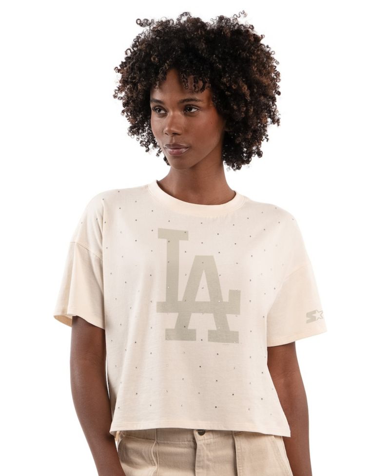Women's Cream Los Angeles Dodgers Rhinestone Sprinkle Boxy Cropped T-Shirt