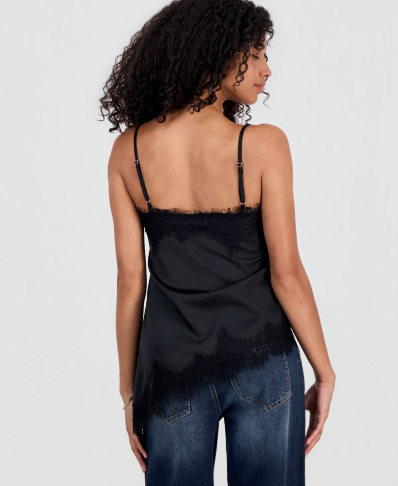 Juniors' Satin Lace-Trim Asymmetric Cami