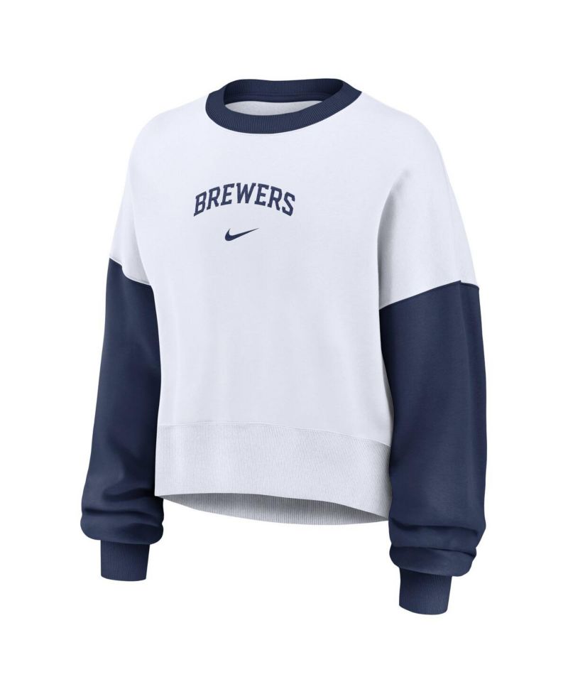 Women's White/Navy Milwaukee Brewers Oversized High Hip Fleece Sweatshirt