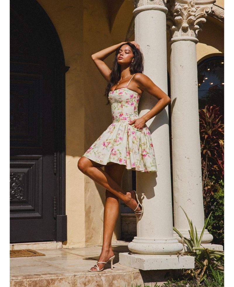 Women's Valda Yellow and Pink Print Linen Mini Dress with Pockets