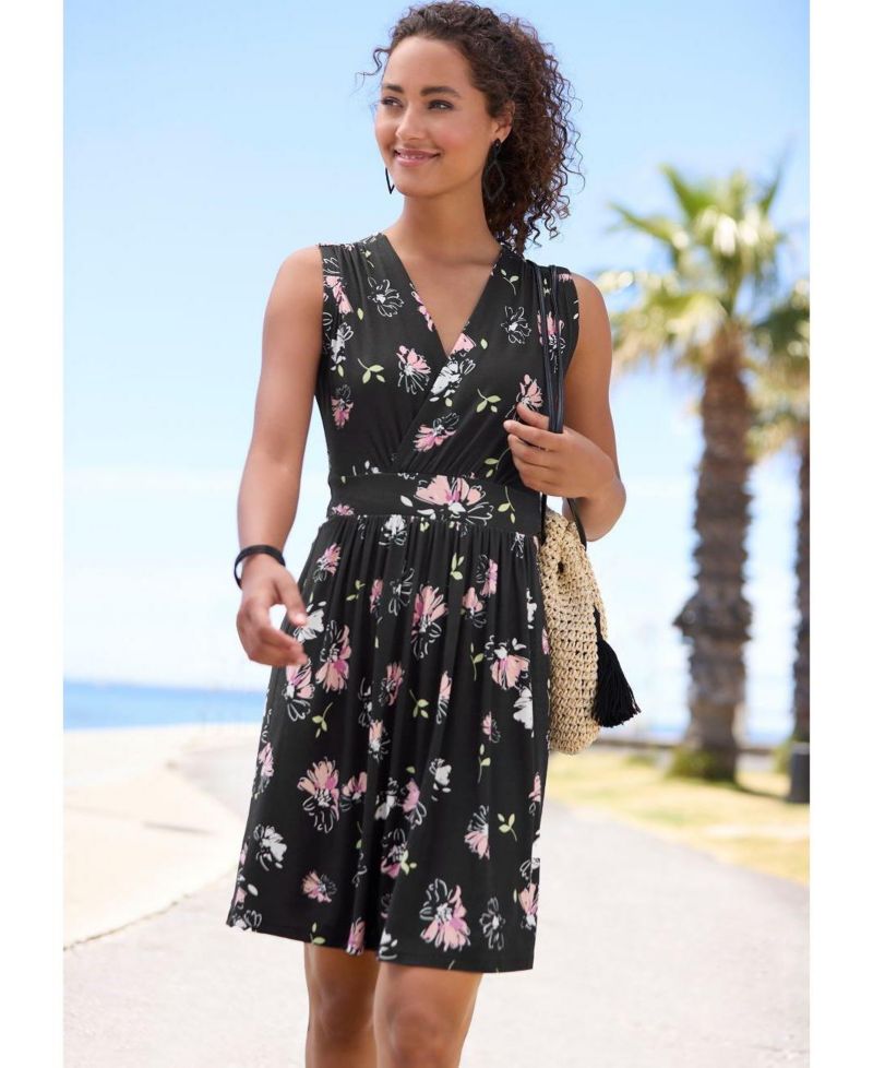 Women's Viscose Floral Print Open Back Detail A-Line V-Neck Short Dress