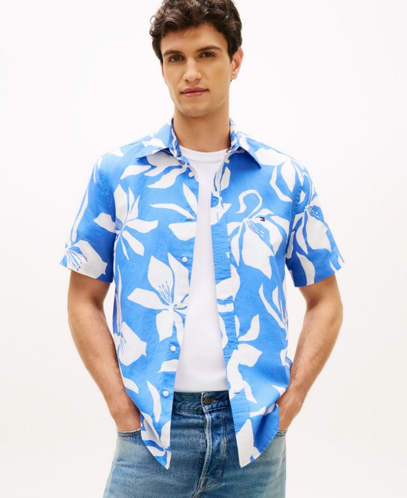 Men's Linen Flower Print Button-Down Shirt
