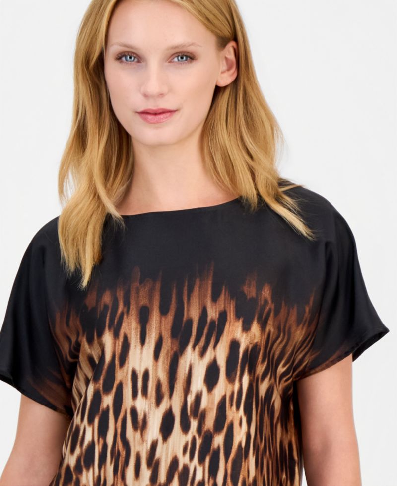 Petite Leopard-Print Bateau Neck Short-Sleeve Blouse
