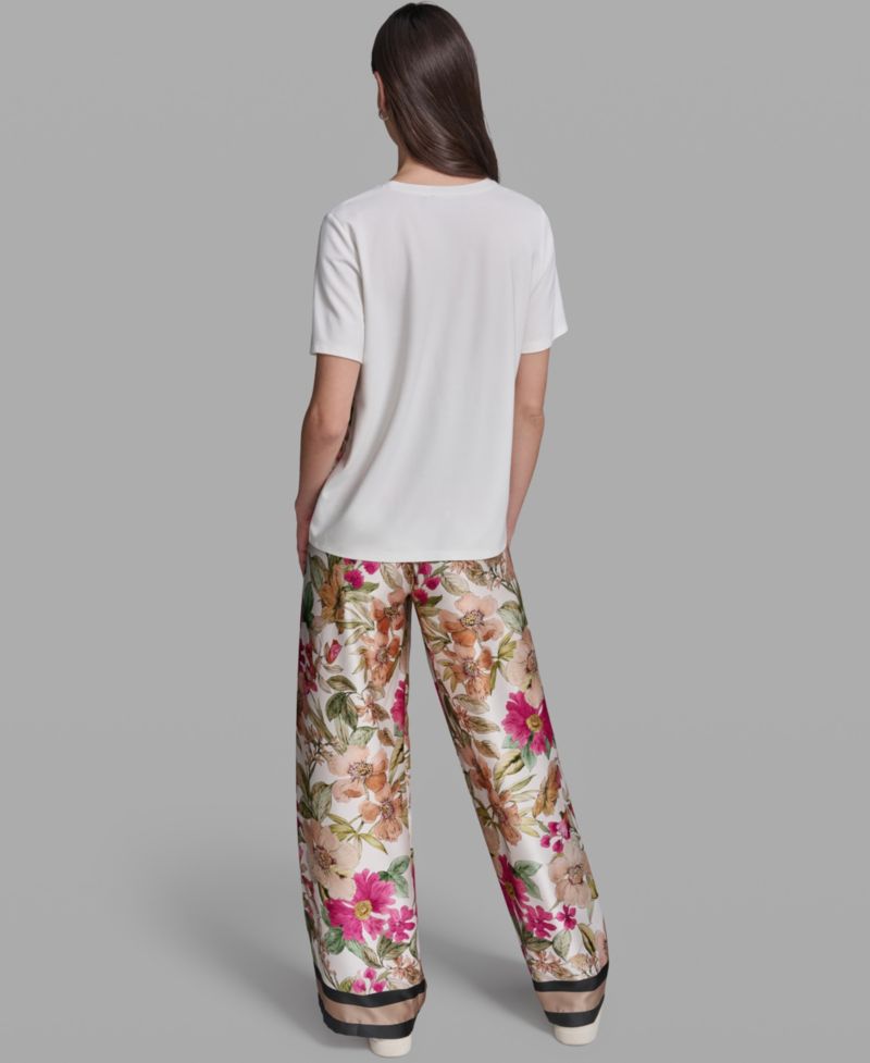 Women's Short-Sleeve Mixed Media Print Knit Top