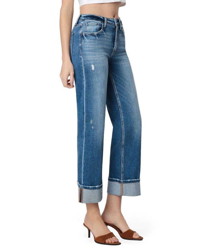 Women's High Rise Cuffed Slim Wide Leg Jeans