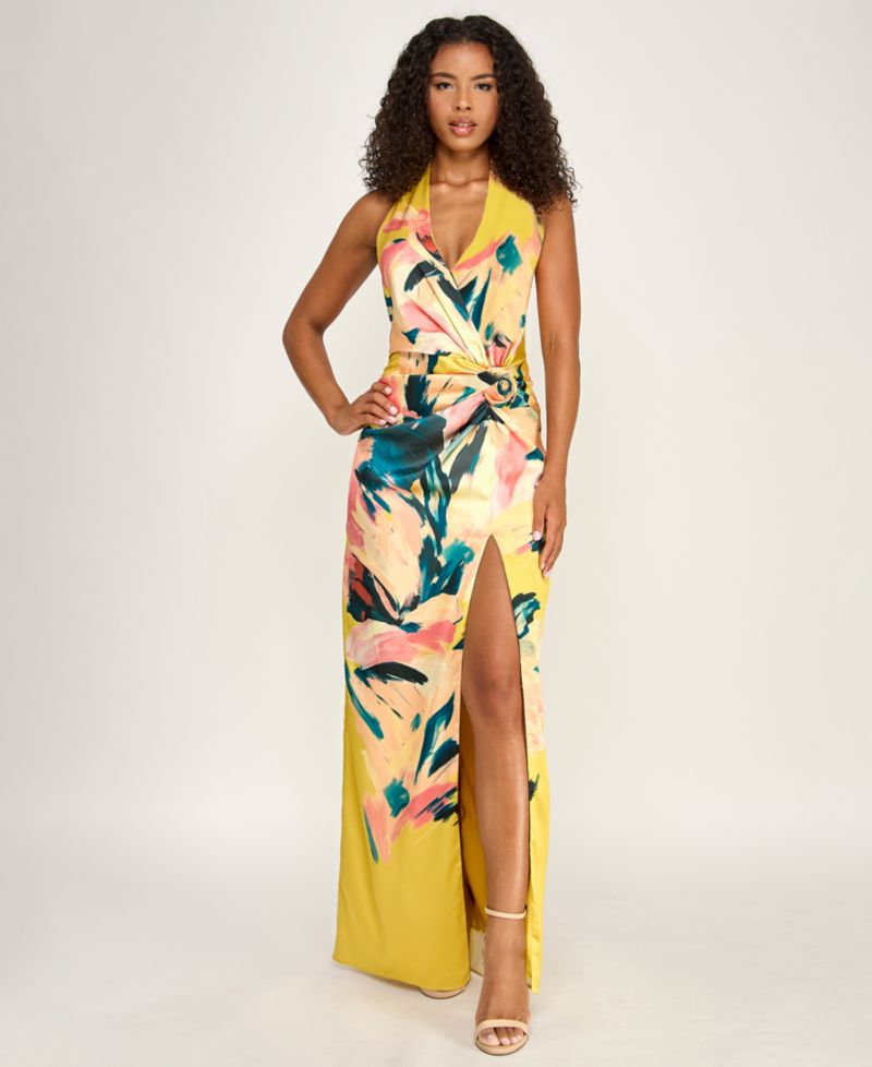 Women's Plunge V-Neck Printed Gown
