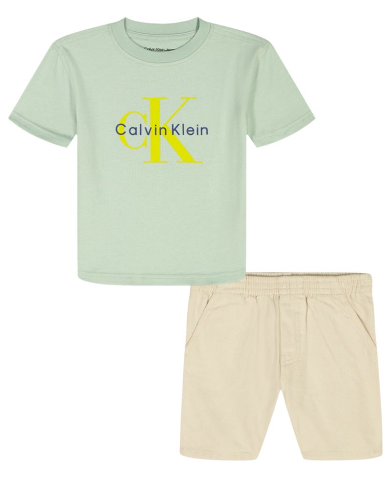 Toddler and Little Boys' 2T-7 Relaxed Monogram T-Shirt and Natural Denim Shorts, 2-Piece Set