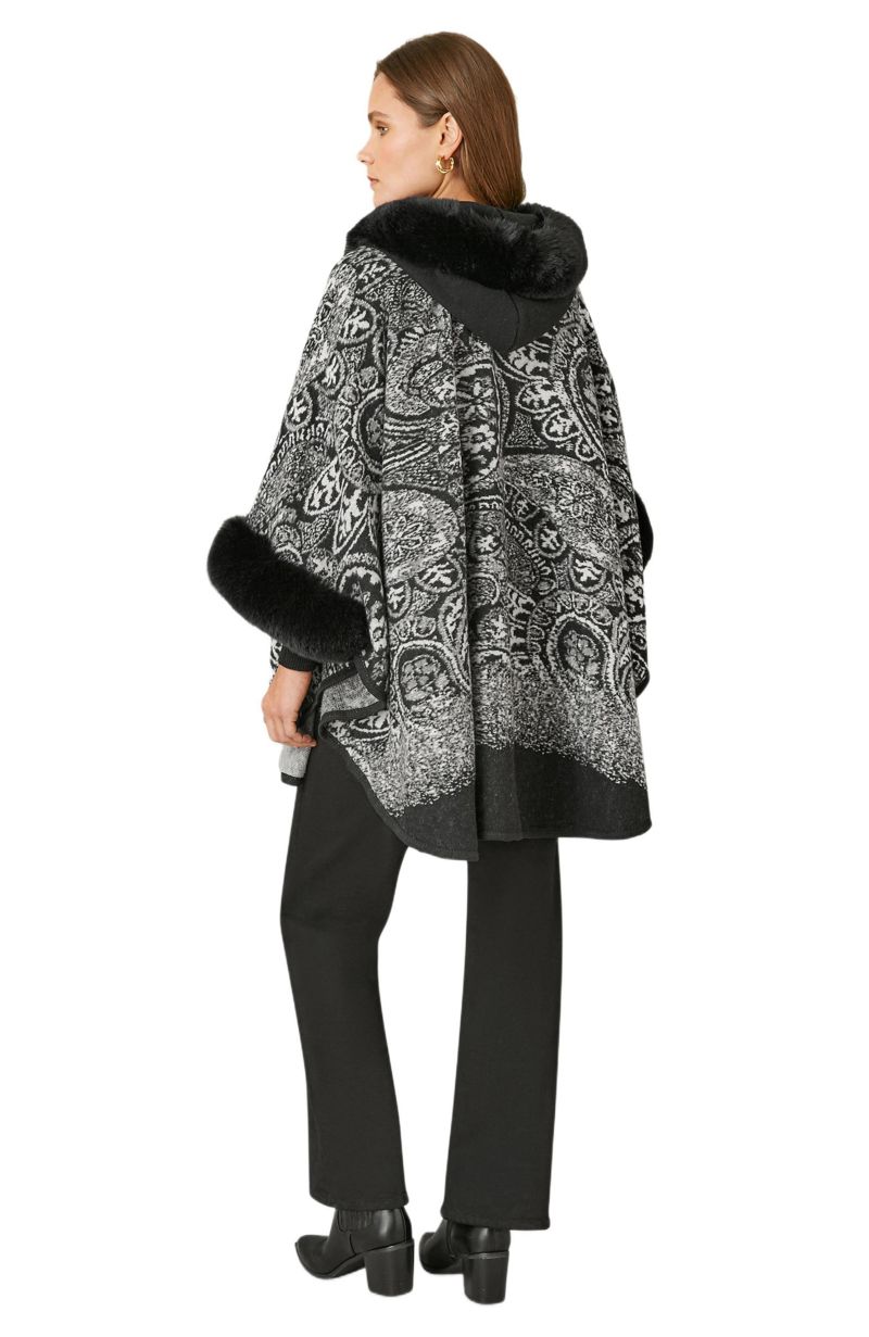 Women's Paisley Print Faux Fur Trim Cape