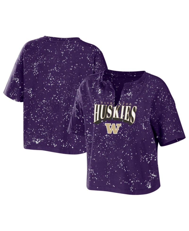 Women's Purple Washington Huskies Bleach Wash Splatter Cropped Notch Neck T-shirt