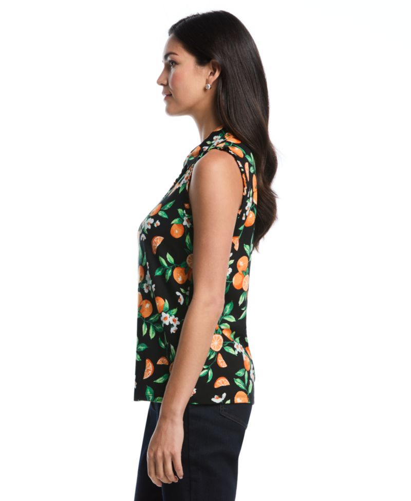 Petite Orange Print Ruffle-Trim Sleeveless Polo Shirt