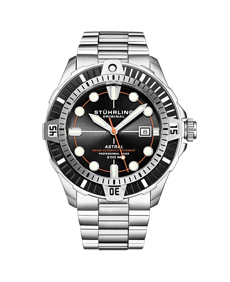 Men s Astral Diver 44mm Swiss Automatic Watch, Black Dial, Stainless Steel Bracelet, Rotating Bezel, 200M Water Resistant