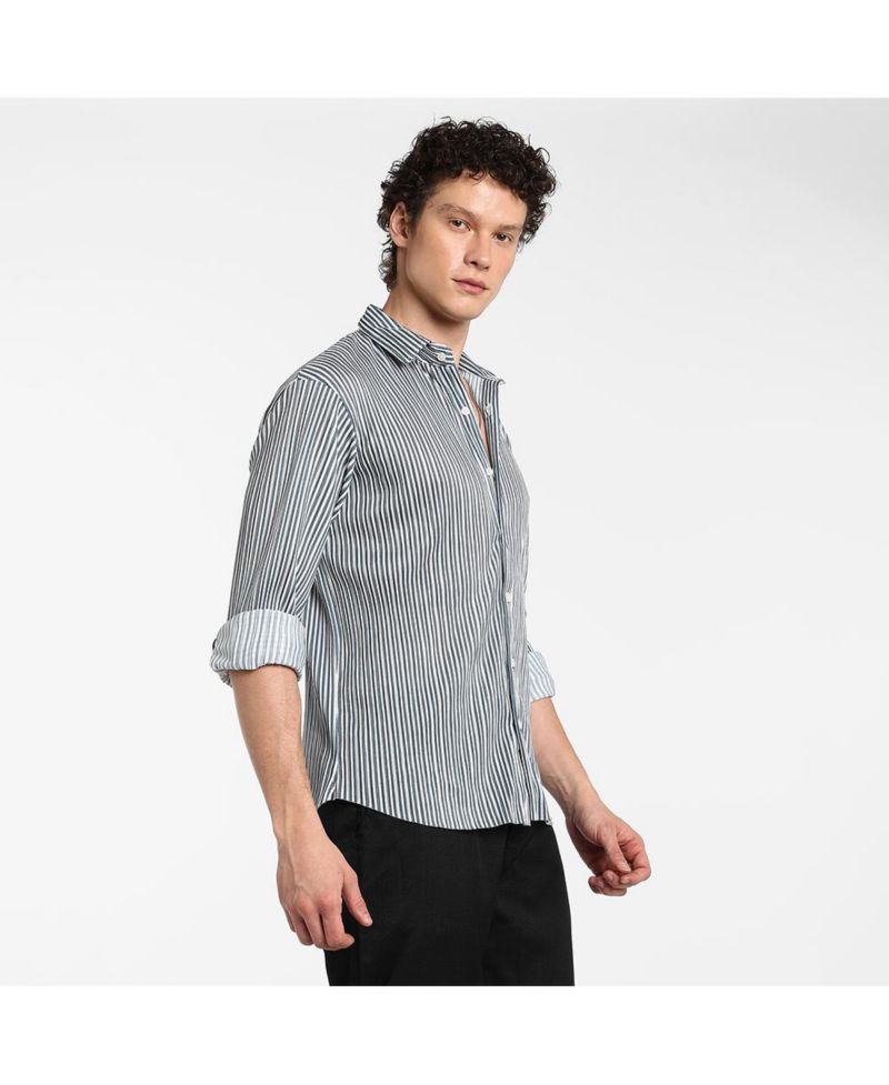 Men's Midnight Black and Powder White Pleat-Creased Shirt
