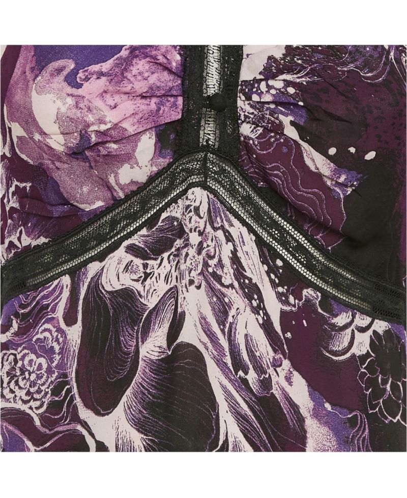 Women's Purple/multicolor Printed Lace Trim Detail Top