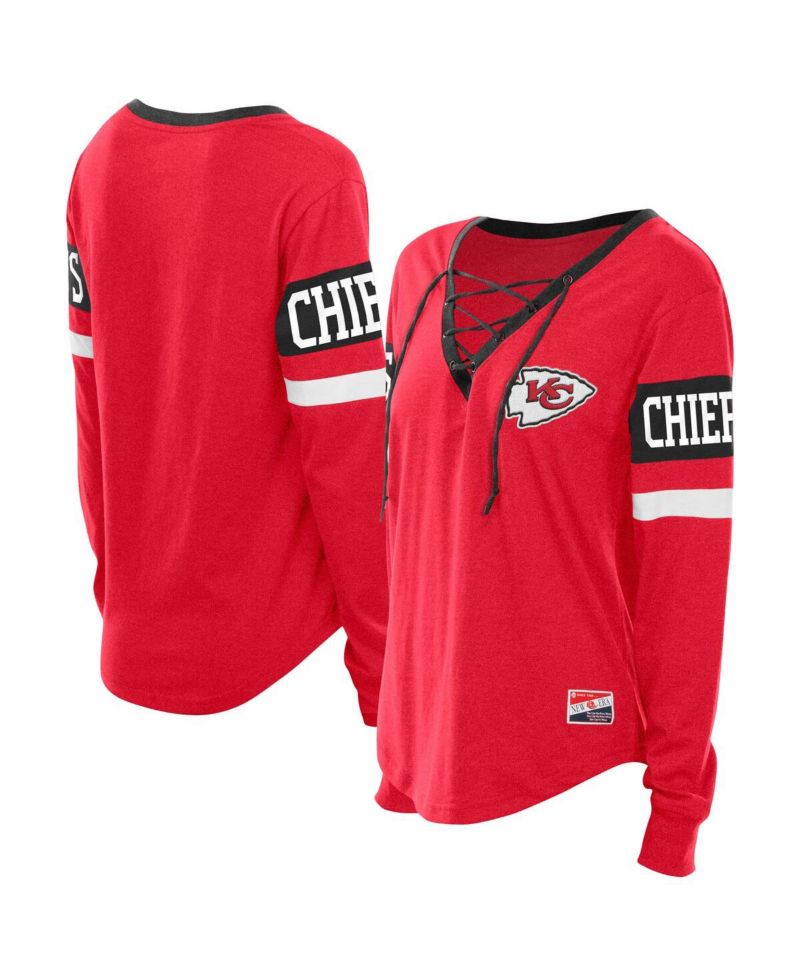 Women's Red Kansas City Chiefs Plus Size Throwback Lace-Up Long Sleeve T-Shirt