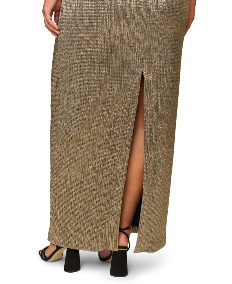 Plus Size Metallic Knit Plunging V-Neck Gown