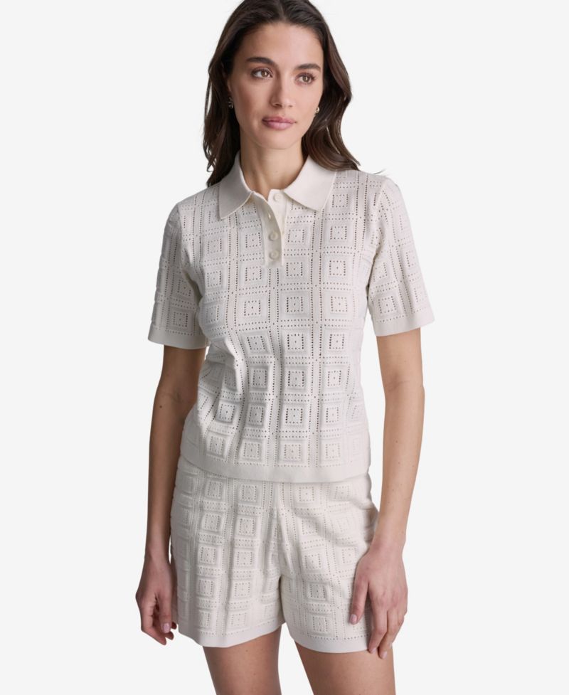 Women's Open-Stitch Polo Short-Sleeve Top