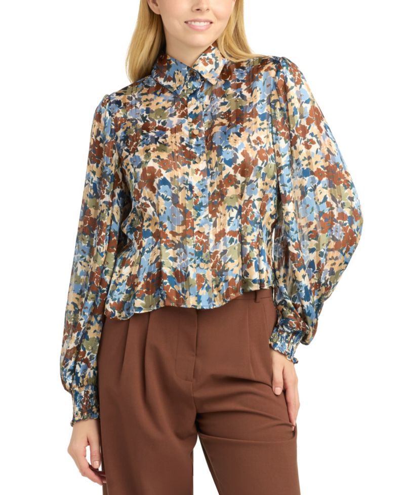 Juniors' Shadow Printed Collared Top