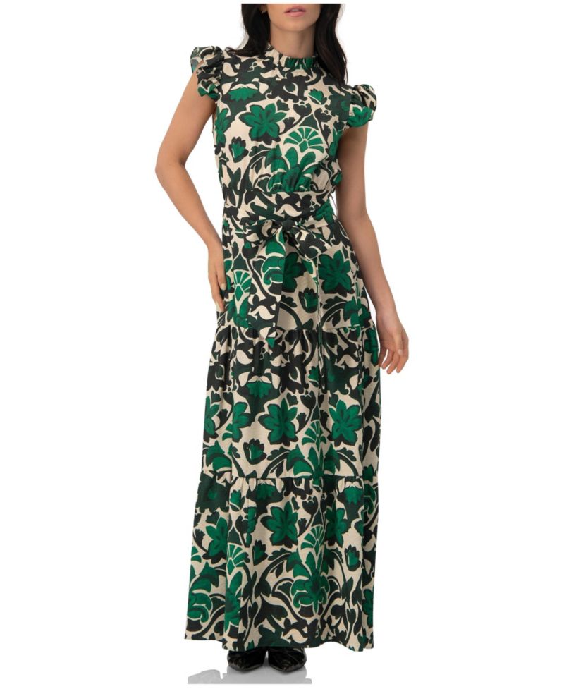 Women's Printed Ruffle-Sleeve Maxi Dress with Tie Waist