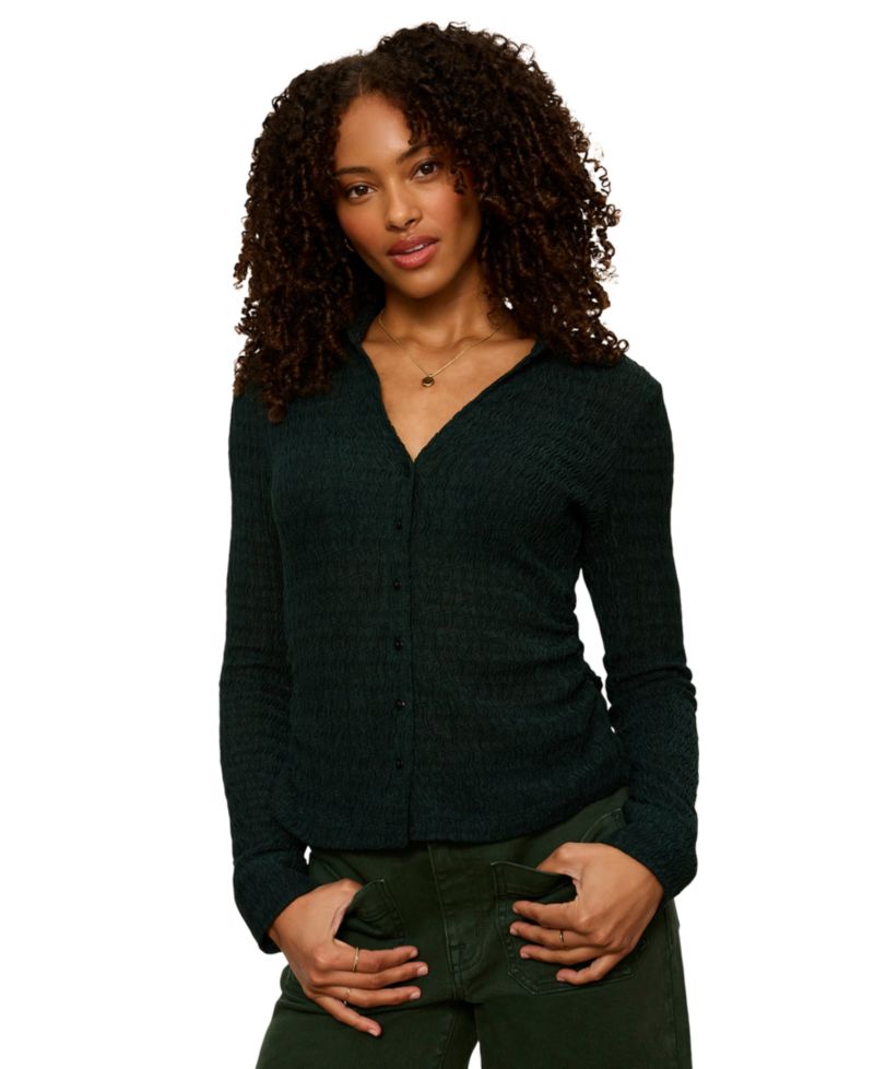 Petite Juno Textured Long-Sleeve Spread Collar Shirt