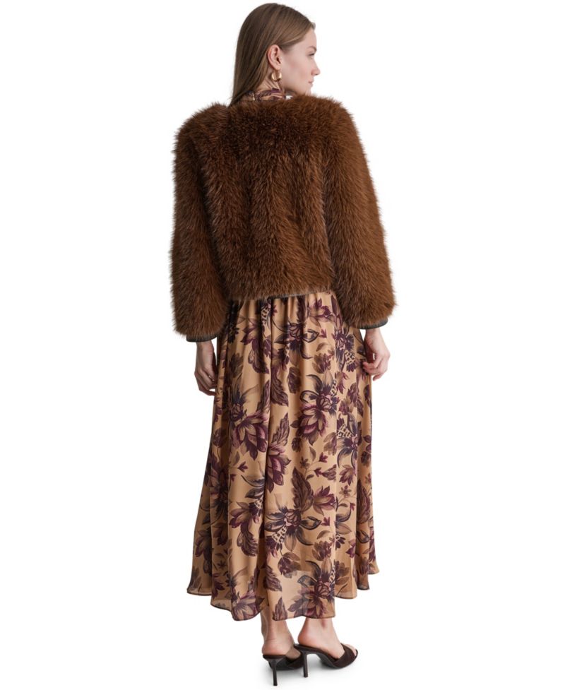 Women's Cropped Faux Fur Jacket with Faux Leather Trim