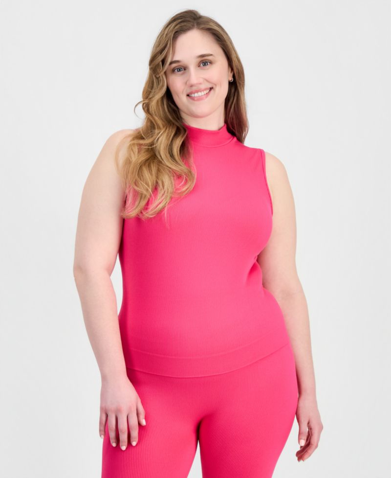 Trendy Plus Size Ribbed Mock Neck Top & Pants Set