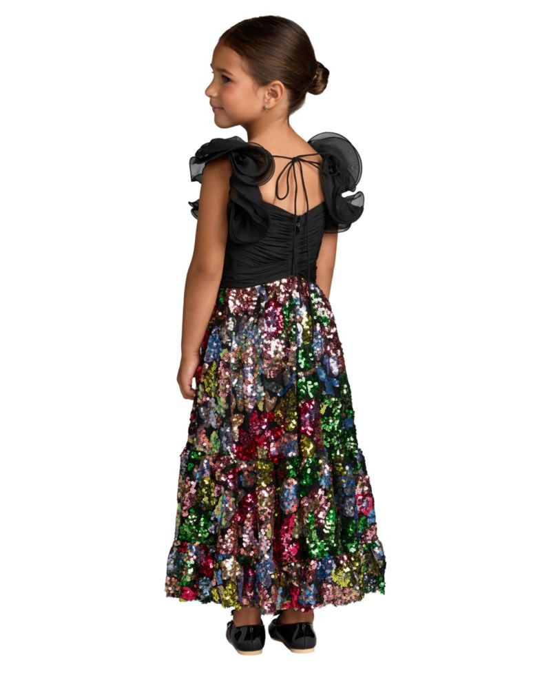 Big Girls Sequin Floral Maxi Dress with Ruffle Sleeves