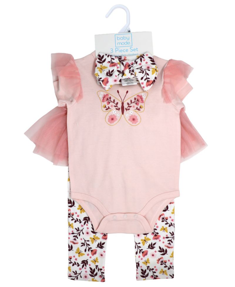 Baby Girls' Short-Sleeve Bodysuit, Pant and Headband, 3-Piece Set