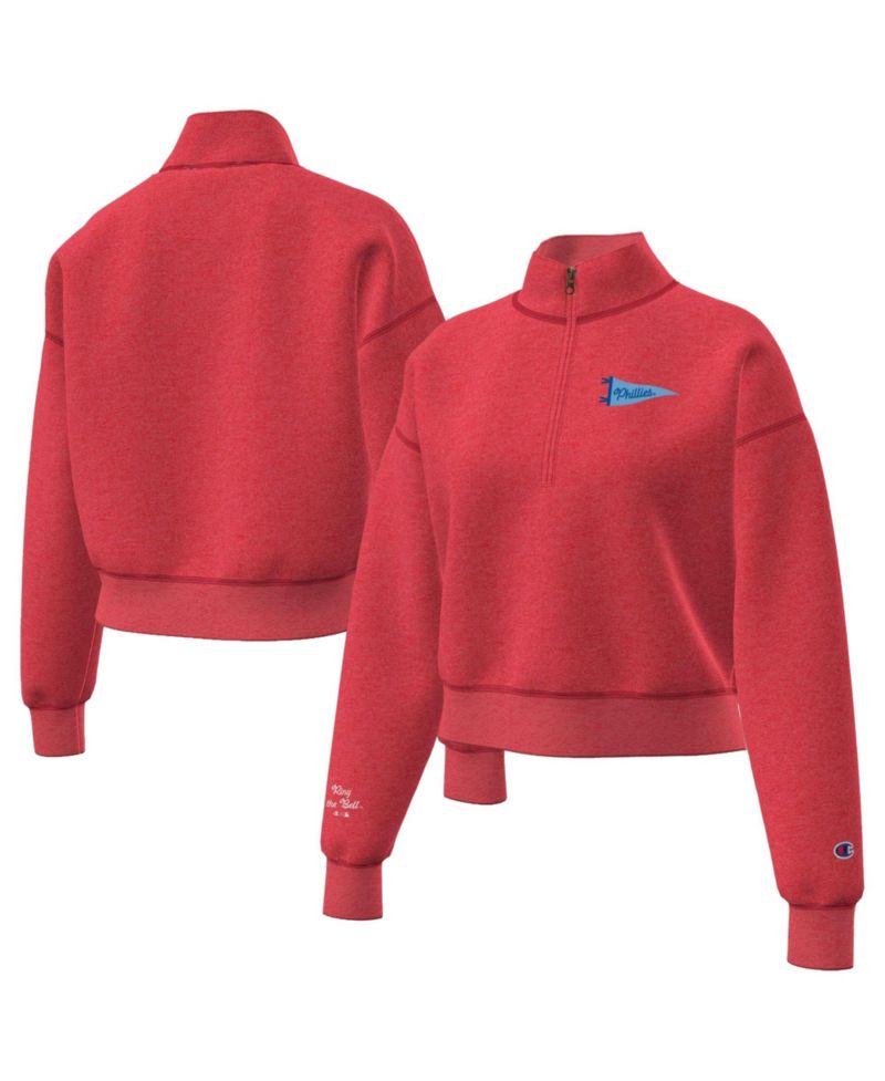 Women's Red Philadelphia Phillies Triumph Tri-Blend Fleece Cropped Quarter-Zip Pullover