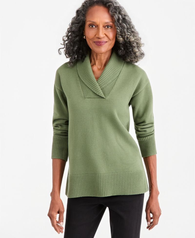 Petite Shawl Collar Cotton-Blend Sweater