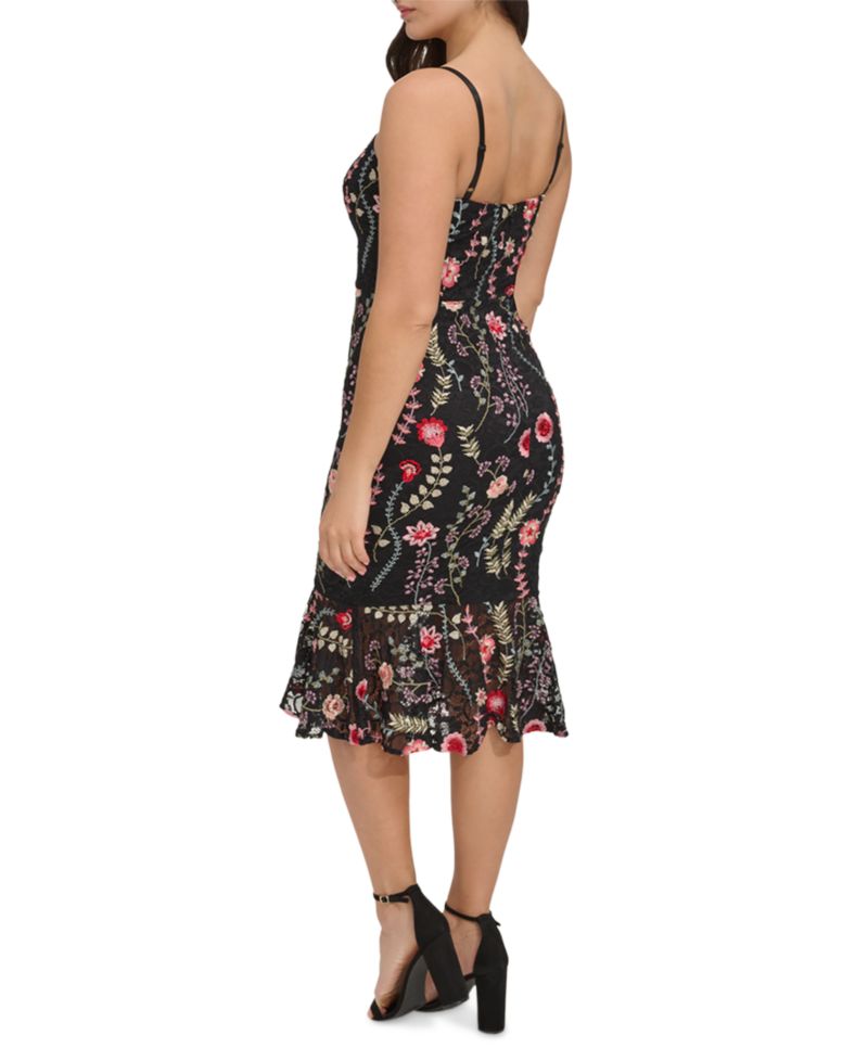 Women's Floral-Print Embroidered Lace Midi Dress