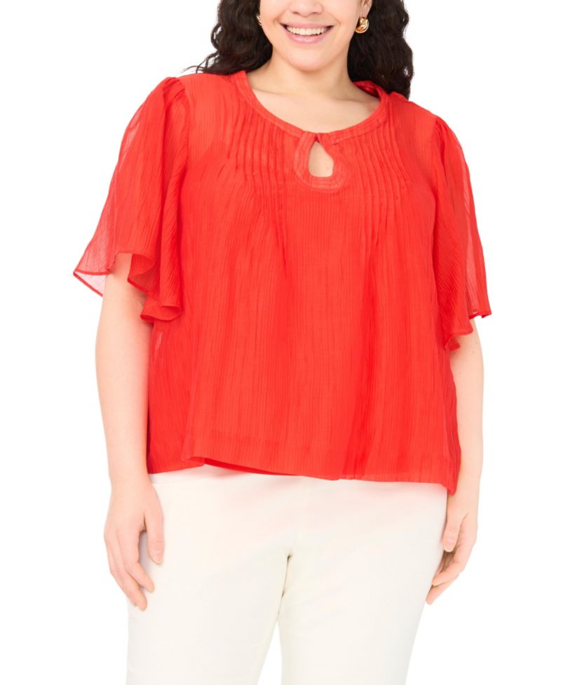 Plus Size Front Cutout Flutter-Sleeve Keyhole Neck Blouse