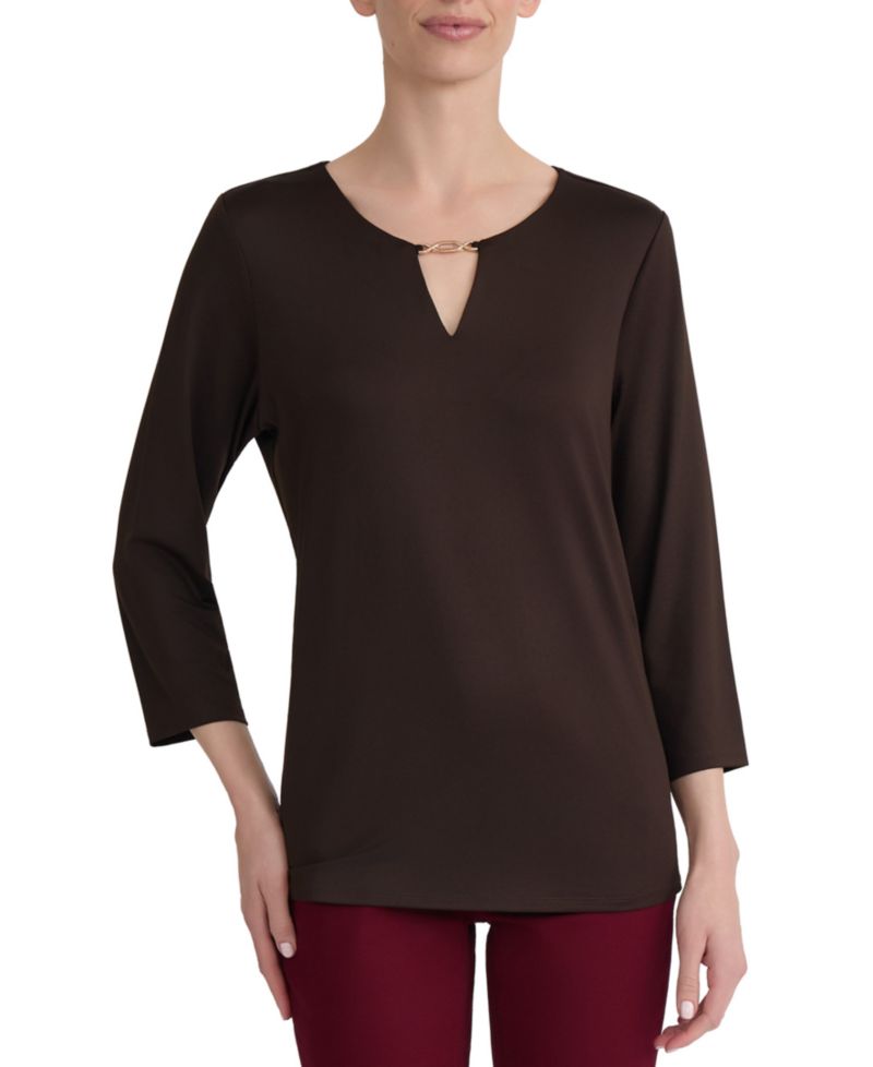 Petite 3/4-Sleeve Keyhole Buckle Trim Blouse