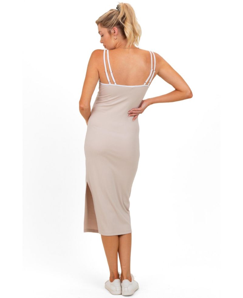 Women's Beige Contrast Double Strap Midi Dress