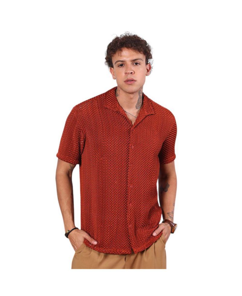 Men's Terracotta Brown Puffy-Textured Shirt