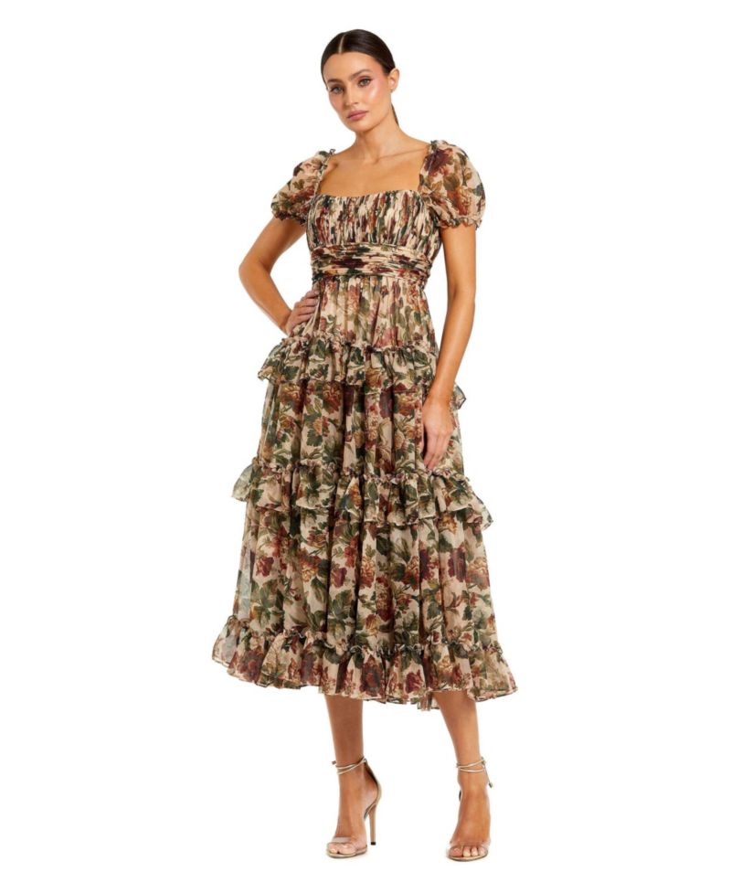 Women's Chiffon Puff Sleeve A Line Midi Dress With Ruffles