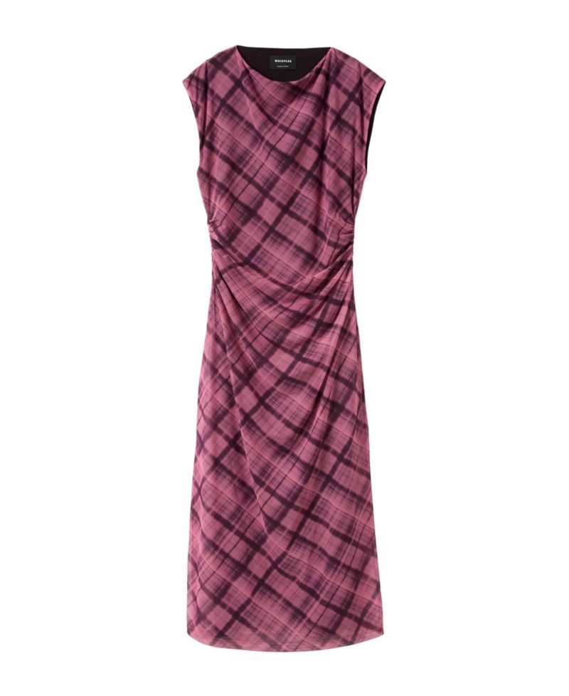 Women's Twist Check Mesh Ruched-Waist Midi Dress