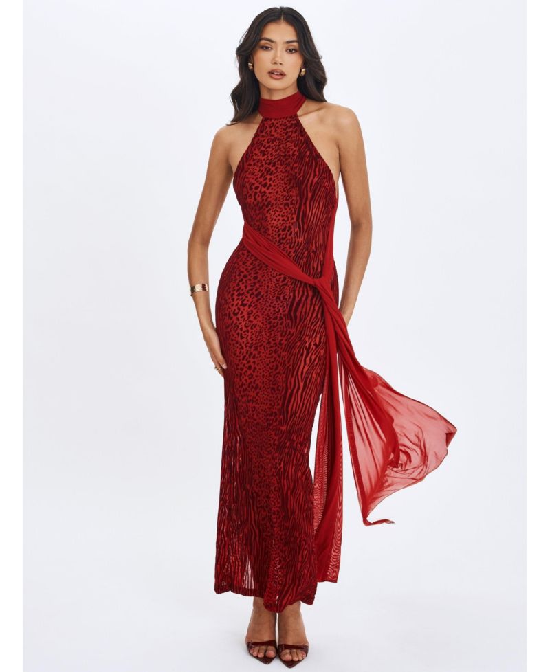 Women's Cerise Scarlet Burnout Velvet Multiwear Mesh Ribbon Maxi Dress