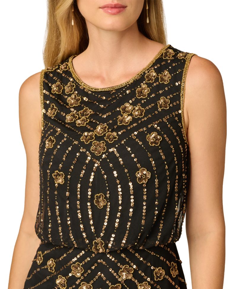 Women's Bead Blouson Sheath Sequin Beaded Boat Neck Dress