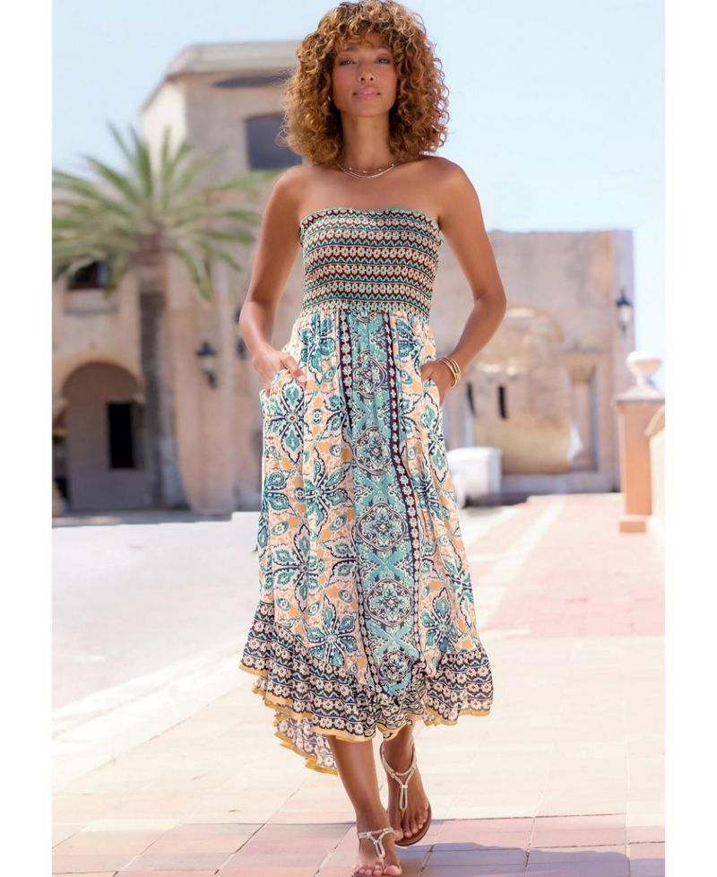 Women's Viscose Printed Smocked Bodice Strapless A-Line Midi Dress