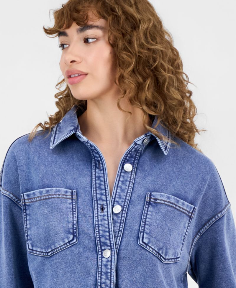 Petite Faux-Denim Knit Button-Front Shacket